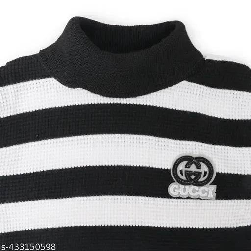Black and white striped high neck sweater for kids (Boys & Girls), wool fabric with printed net pattern, long sleeves - sizes: 3-4yrs, 5-6yrs, 7-8yrs. Made in India
