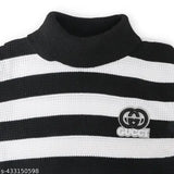 Black and white striped high neck sweater for kids (Boys & Girls), wool fabric with printed net pattern, long sleeves - sizes: 3-4yrs, 5-6yrs, 7-8yrs. Made in India