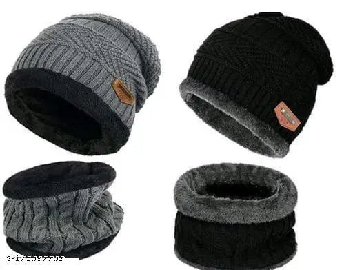 Multi-colored unisex winter knit beanie cap with face cover, textured pattern, pack of 2 from India