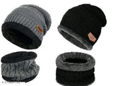 Multi-colored unisex winter knit beanie cap with face cover, textured pattern, pack of 2 from India
