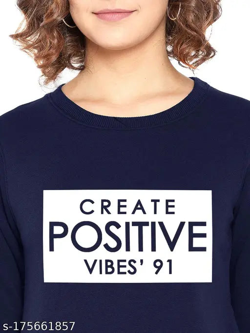 Blue positive fleece sweatshirt, stylish trendy women's pullover with printed design, India