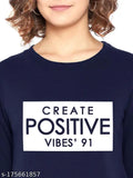 Blue positive fleece sweatshirt, stylish trendy women's pullover with printed design, India