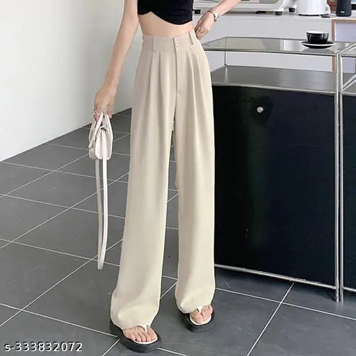 Beige cotton blend Korean pants, double pleated, loose fit, wide leg - back to office style, solid pattern from India (size 26/30/32/34)