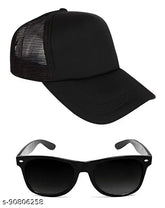 Cotton unisex adjustable black baseball cap with net detail and black sunglasses combo - Indian design