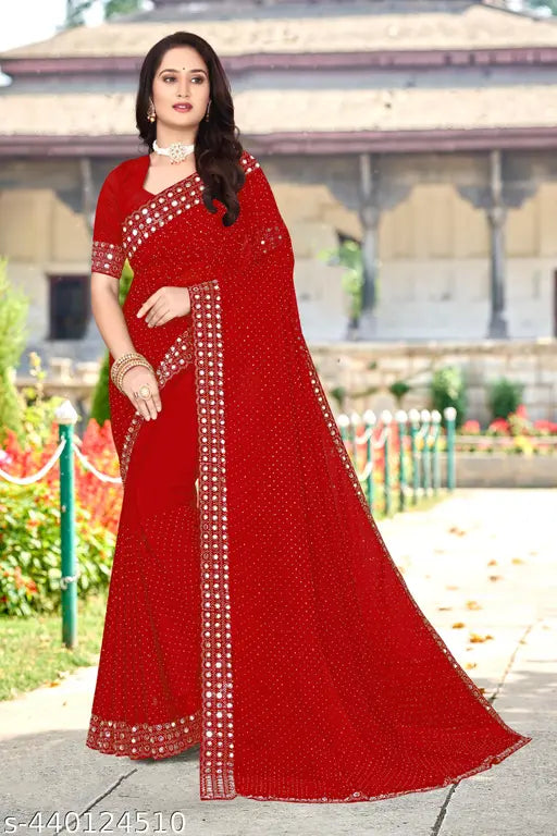 Red Georgette saree with Swarovski & mirror embellished border, free size, 5.5m length