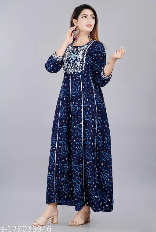 Rayon Anarkali frock-style suit, three-quarter sleeve, printed combo, M-XXXL, Indian origin