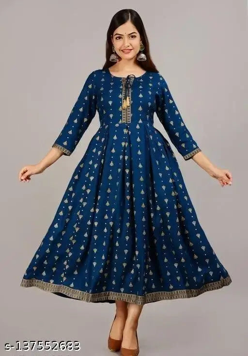 Rayon three-quarter sleeve printed Anarkali gown with jari work, available in various sizes (S - XXXL). India origin