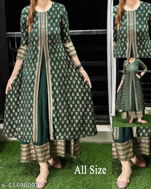 Bottle green rayon double layer kurti with gold foil print, three-quarter sleeves - Indian festive fashion