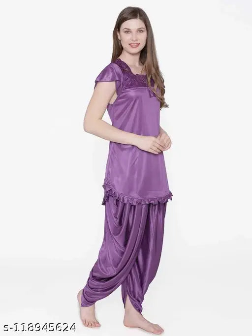 Satin nightdress for women & girls in self-design net, comfortable and stylish, made from soft satin fabric, one piece with partiala pants, Indian origin