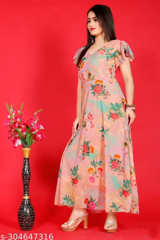 Georgette one-piece fancy women kurti with digital flower print, short sleeves, V-neck, big sizes available