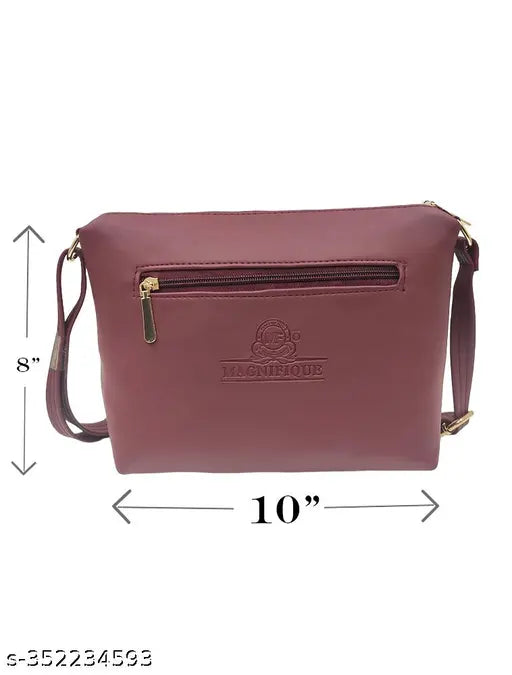 Maroon quilted PU sling bag with 3 compartments, free size (10in x 3in x 8in), stylish women's crossbody bag from LaVue Bags, India