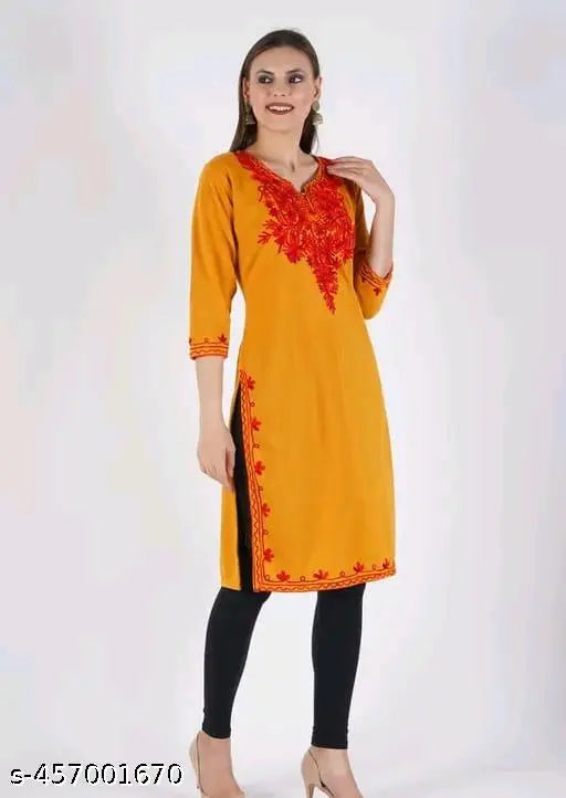 High-quality wool three-quarter sleeve kurti for women and girls, solid design, L (Bust 40in, Size Length 42in), Made in India