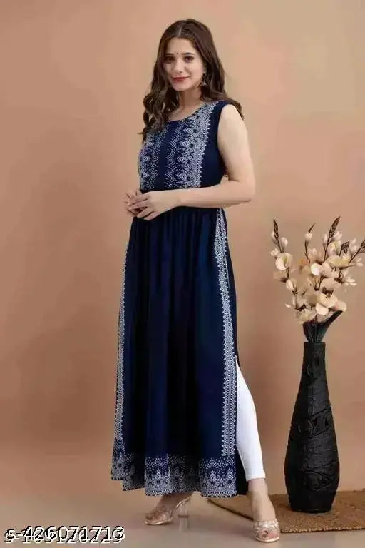 Navy blue rayon Naira kurti, ethnic print, festive occasion