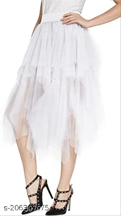 White net ruffle zigzag western skirt, solid pattern, size 28/30/32, made in India