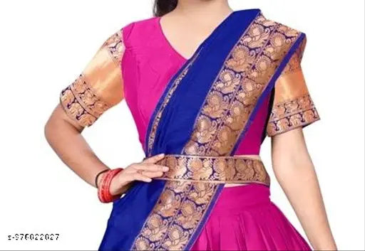 Fancy designer South Indian flared lehenga-choli (Art Silk, Chanderi cotton dupatta), stripe stitch, unstitched net (13-14, 14-15, 15-16, Free size). Solid with woven top and bottomwear featuring Zari print. Pair for a stunning look from Tirupati Enterprise