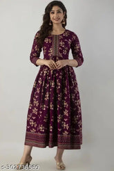 Rayon printed Anarkali Kurtis for women, petite kurtis with three-quarter sleeves and vibrant pattern, India-made fashion on model