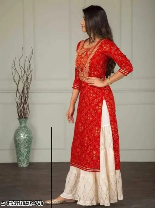 Rayon Bhandhni Sharara Suit Set - printed net Indian kurta with sharara bottomwear and three-quarter sleeves, featuring sizes XS to XXXXL