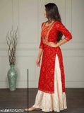 Rayon Bhandhni Sharara Suit Set - printed net Indian kurta with sharara bottomwear and three-quarter sleeves, featuring sizes XS to XXXXL