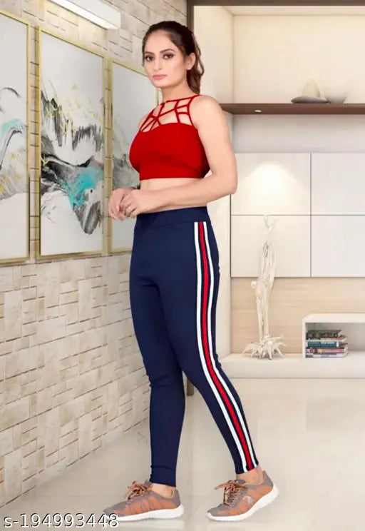 Comfy fit navy striped jeggings with cotton blend and elastic waistband, suitable for sports and yoga wear during winter