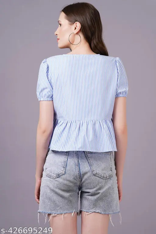 Blue polycotton stripe half sleeve V-neck A-line blouse for women, printed pattern on short sleeves