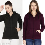 Cotton blend solid color, women's full-zip open sweatshirt with pockets, India origin