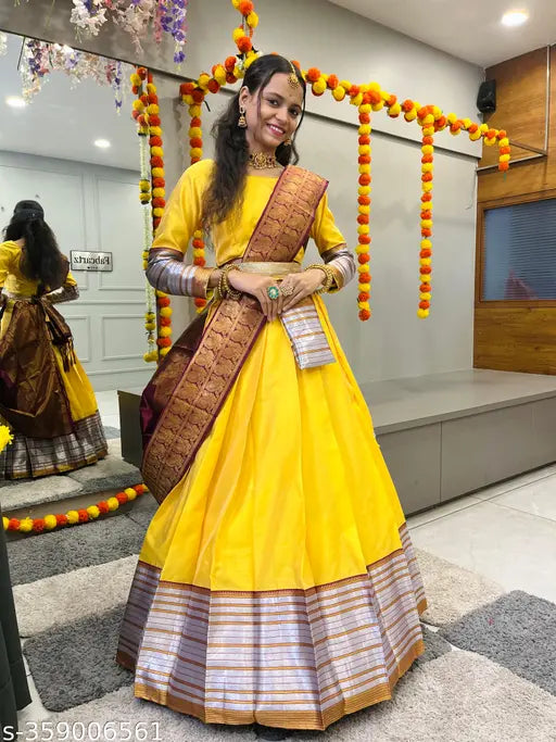 Art Silk half saree set, Litchi Silk zari work with woven design, semi-stitched South Indian style choli and dupatta