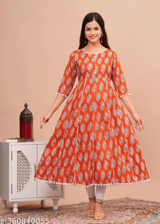 Turquoise floral print cotton Anarkali maxi dress, trendy Indian kurta for women's daily/office wear, Rayon, three-quarter sleeves