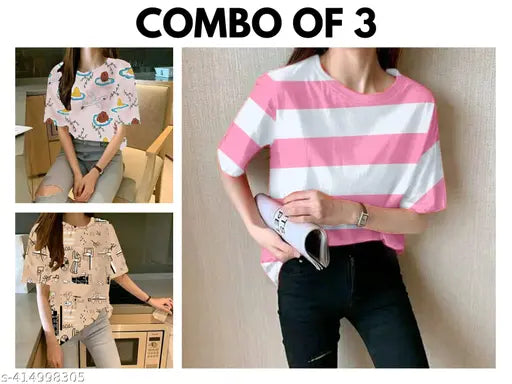 Lycra oversize printed t-shirt combo (3 pack), stylish modern design for women, short sleeves