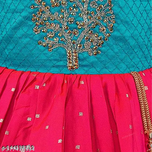 Indian-made satin embroidered fit-and-flare knee length frock dress for girls