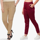Brown Maroon lycra checkered net stretch jeggings combo for women with double pockets, two pieces, size options available from 24 to 32, made in India