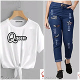 Unique cotton blend t-shirt and demim jogger jeans combo pack2 for women, stylish and comfortable sleeves
