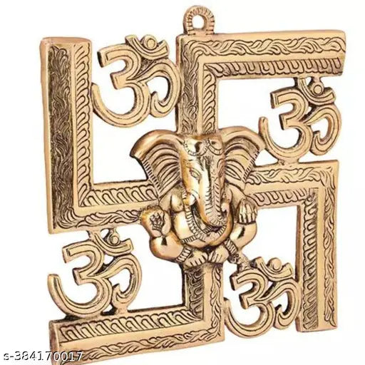 Brass Lord Ganesha on Om Swastik wall hanging, vibrant Indian decorative art for home or office