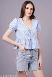 Blue polycotton striped V-neck A-line blouse for women - Indian-made, short-sleeved, printed design