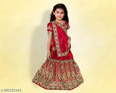 Embroidered taffeta silk pattu lehenga for kids with net dupatta and short sleeves, India origin