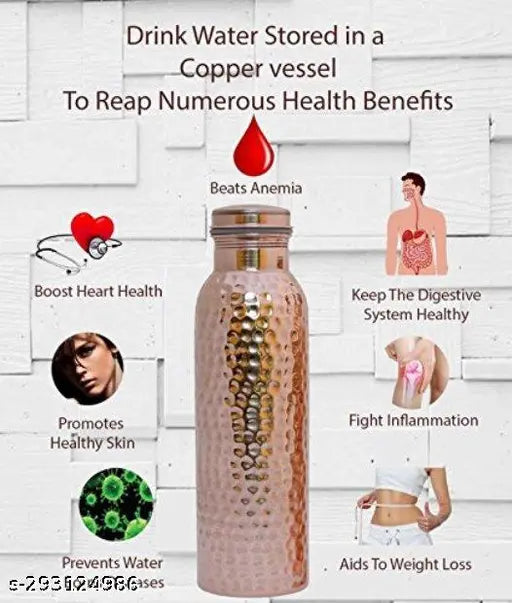 Brown 100% copper water bottle, 1 liter capacity, leak-proof, plain design