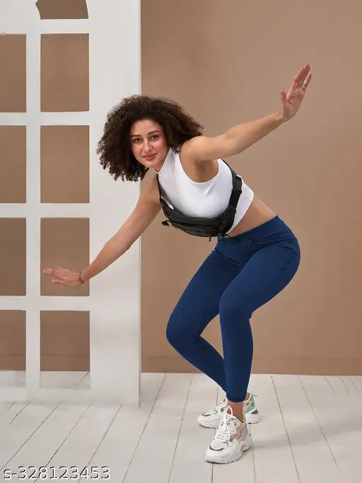 Blue mid-rise women's cotton-rich knitted Flexi Denimz for versatile style and comfort