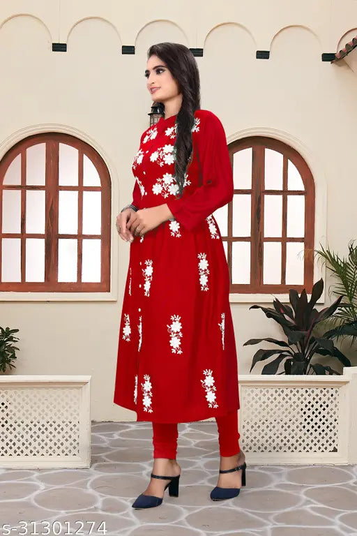 Rayon embroidered kurti, three-quarter sleeves, attractive women's fashion from India - M (bust size: 38in), L (bust size: 40in)