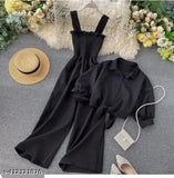 Black crepe, two-piece Western style ladies jumpsuit - trendy solid design, ideal for special occasions