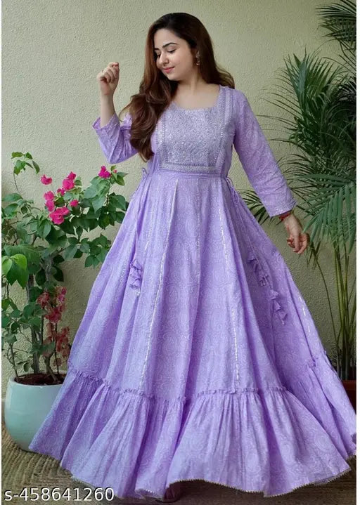 Purple rayon anarkali with Kari print embellishments, three-quarter sleeves, Indian ethnic wear