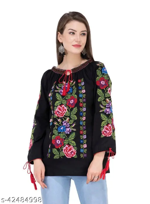 Rayon black embroidery top, long sleeves, formal & casual occasion, SAAKAA Women's design