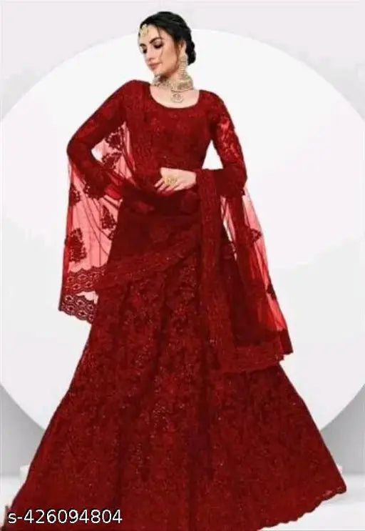 Embroidered net lehenga choli & dupatta for women, Indian bridal wear with intricate designs