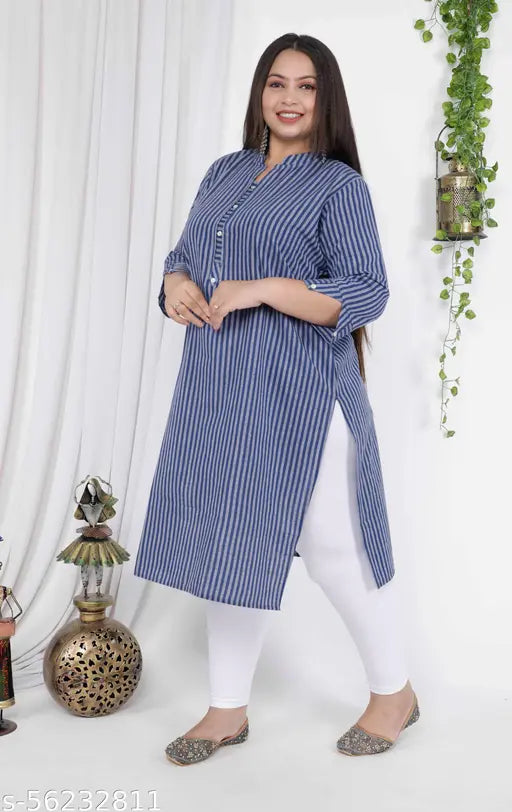 Big size striped cotton kurti for women, solid A-line design with round collar and pocket, hand-washable South Cotton