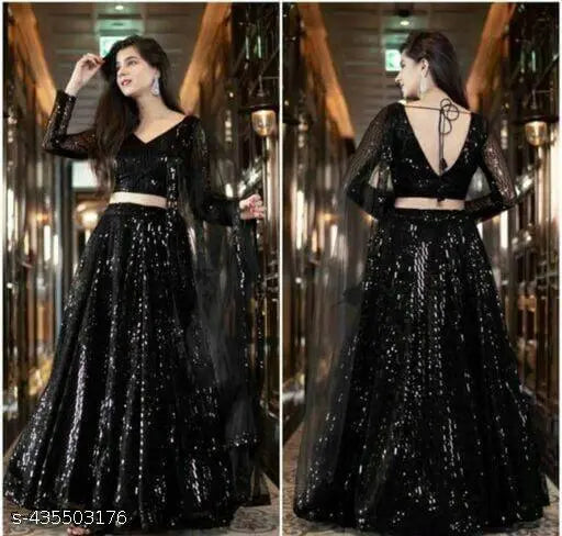 Black embellished semi-stitched net lehenga choli and dupatta set, perfect for professional wear
