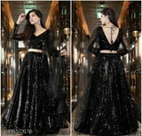 Black embellished semi-stitched net lehenga choli and dupatta set, perfect for professional wear