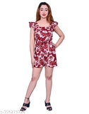 Short red crepe printed jumpsuit for women, sleeveless, easy zip closure, side pockets, tie-up belt, western style, casual wear, Indian origin