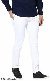 White cotton blend jeans, men's solid white pants for any occasion from JAINENTERPRISES. Fits waist sizes 28, 30, 32, 34, 36 (Length size 40in/41in for all). Made in India