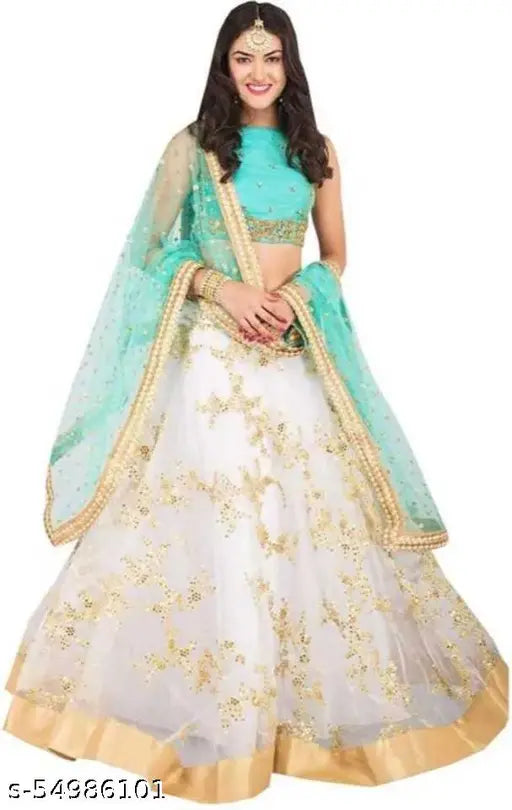 Fancy designer embroidered Indo-Western Lehenga set in net fabric, featuring a silken blouse and embellished dupatta