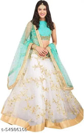 Fancy designer embroidered Indo-Western Lehenga set in net fabric, featuring a silken blouse and embellished dupatta