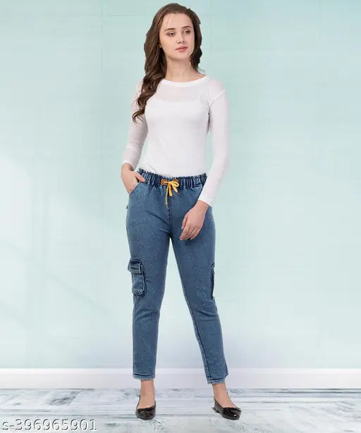 Stretchable premium denim cargo blue baggy jogger jeans, elastic waist mid-rise ankle cuff pants for women xl2xl 3xl 4xl (waist sizes: 32in - 46in)