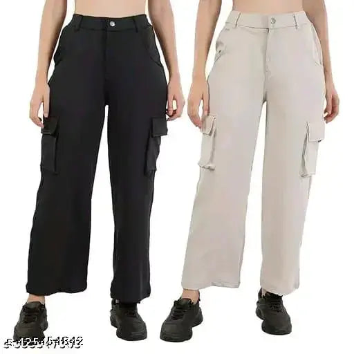 Cotton blend solid cargo bell bottom pants for women, two pieces in various sizes